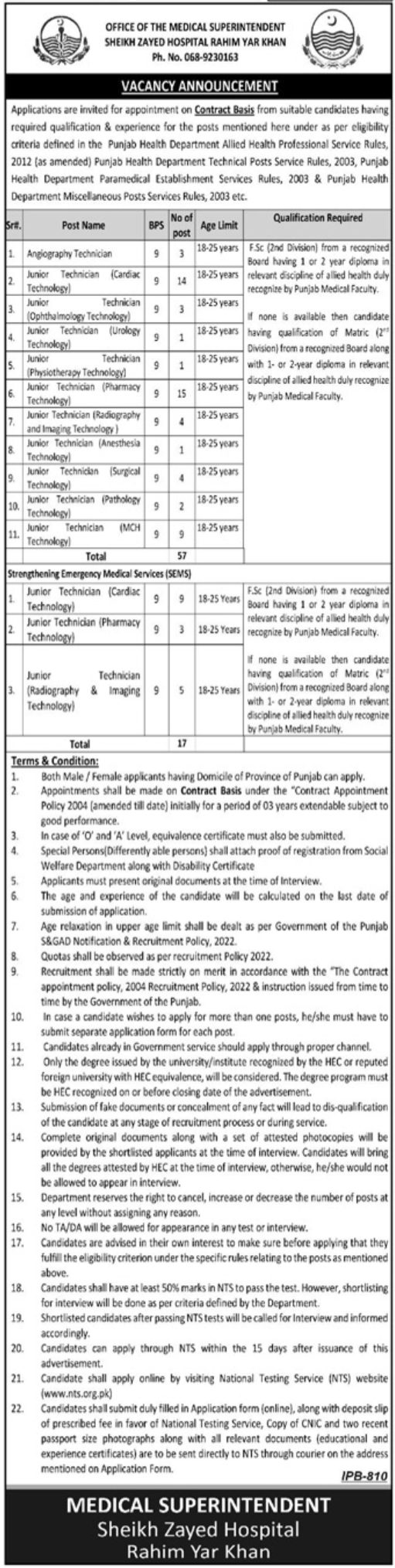 Latest Sheikh Zayed Hospital Jobs 2025 Advertisement