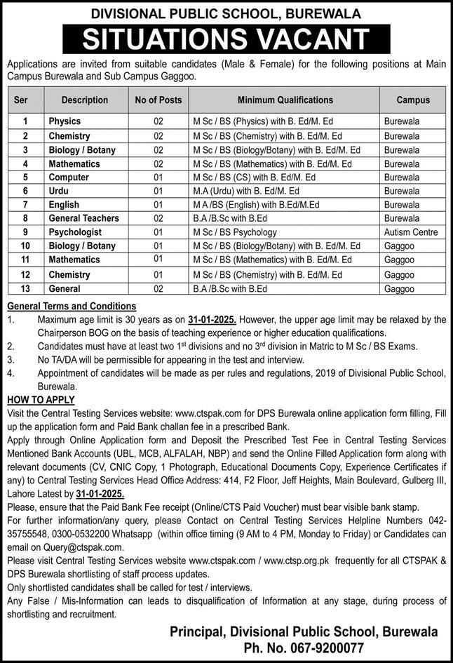 Latest Divisional Public School DPS Burewala Jobs 2025 Advertisement