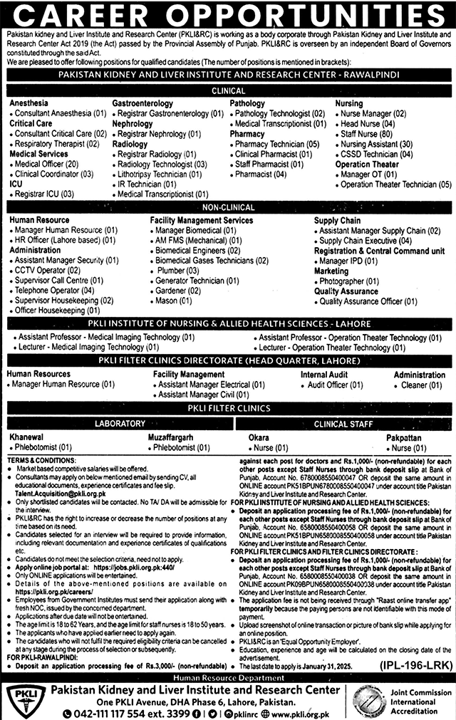 PKLI Hospital Lahore Jobs 2025 Advertisement