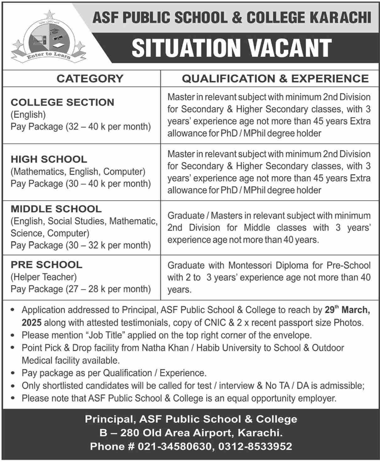 Latest ASF Public School and College Jobs 2025 Advertisement