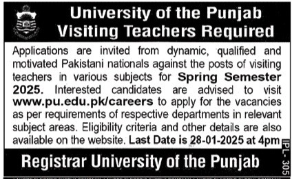 University Of Punjab Jobs 2025 Apply Online Advertisement