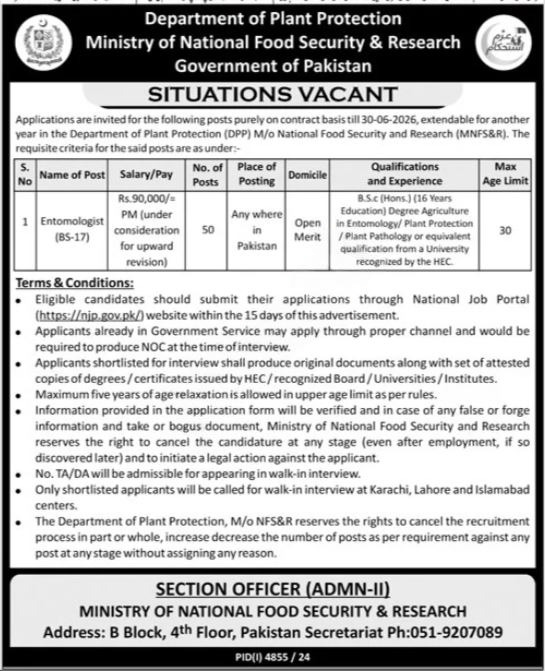 Ministry of National Food Security & Research Jobs 2025 Apply Online Advertisement