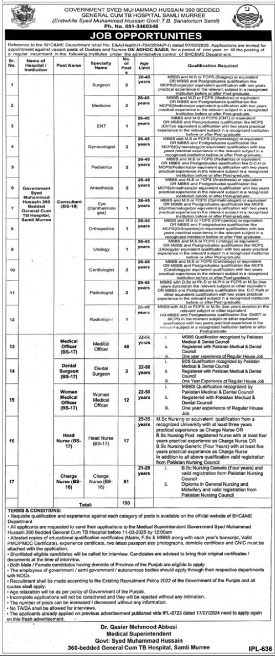 360 Bedded General Hospital Samli Murree Jobs 2025 | Apply Online for Nurses and Doctors Jobs Advertisement