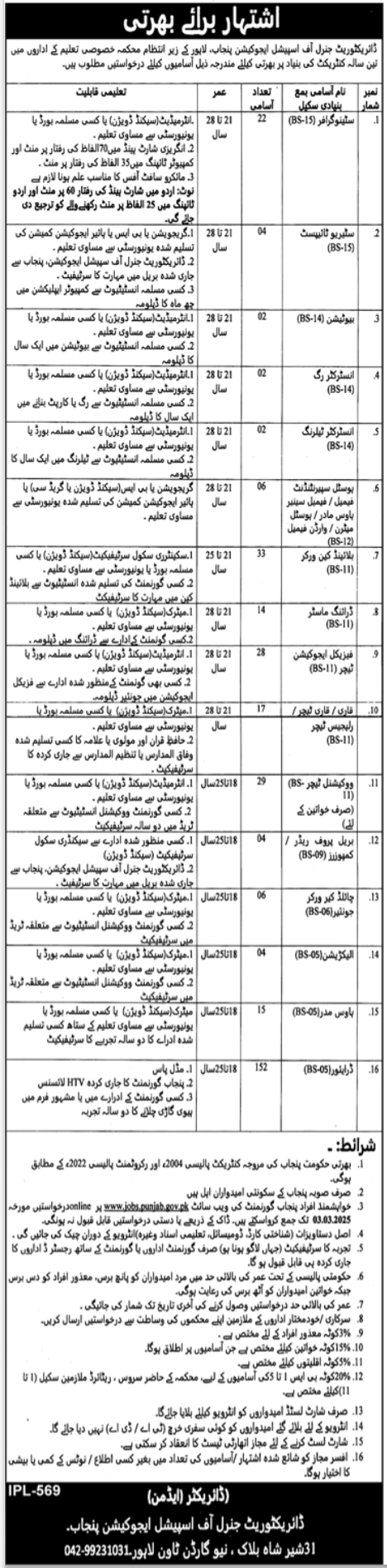 Punjab Special Education Department Jobs 2025 Advertisement
