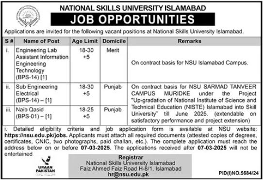 NSU National Skills University Islamabad Jobs 2025 Advertisement