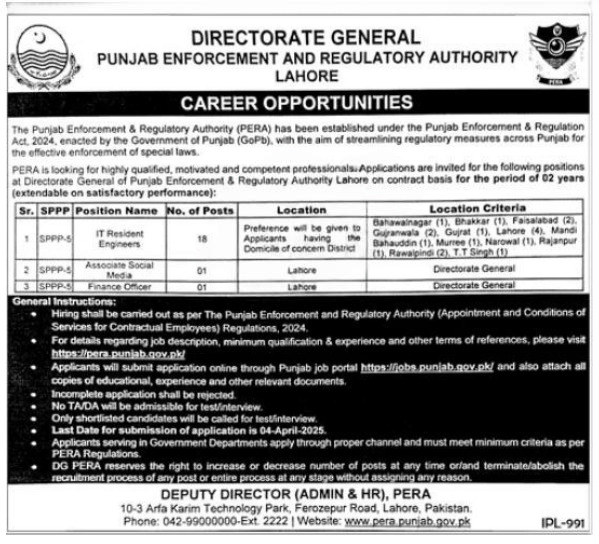 Punjab Enforcement And Regulatory Authority Jobs 2025 Advertisement