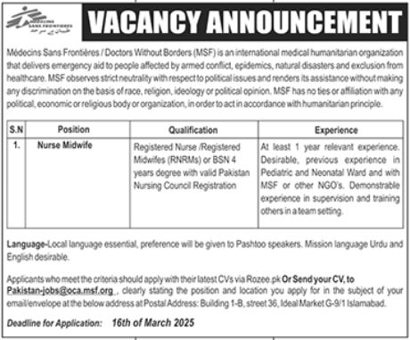 Medecins Sans Frontieres MSF Jobs 2025 Apply Online Advertisement