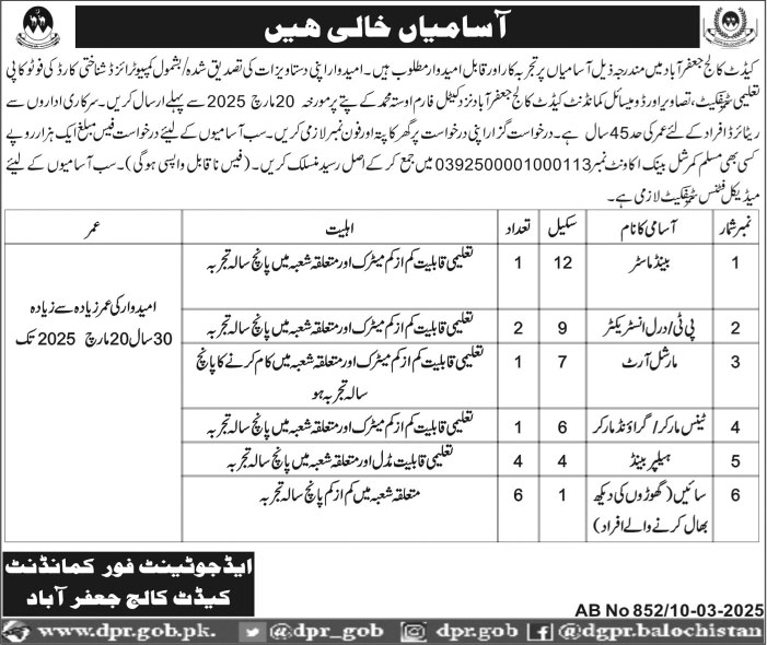 Cadet College Jaffarabad Jobs 2025 Online Apply Advertisement
