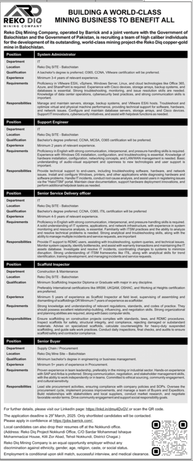 Reko Diq Mining Company Jobs 2025 Advertisement