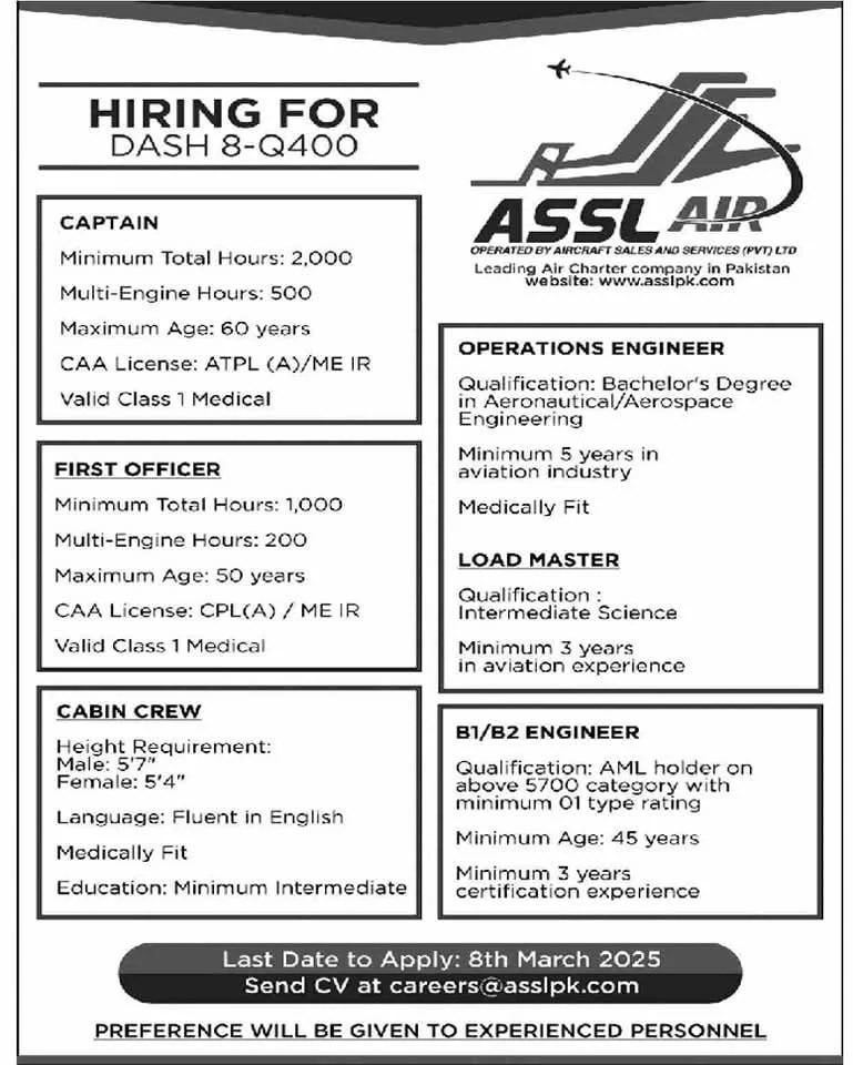 Aircraft Sales & Services Limited ASSL Air Jobs 2025 Advertisement