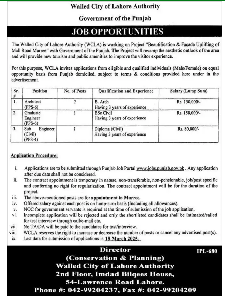 Walled City Of Lahore Authority WCLA Jobs 2025 Apply Online Advertisement