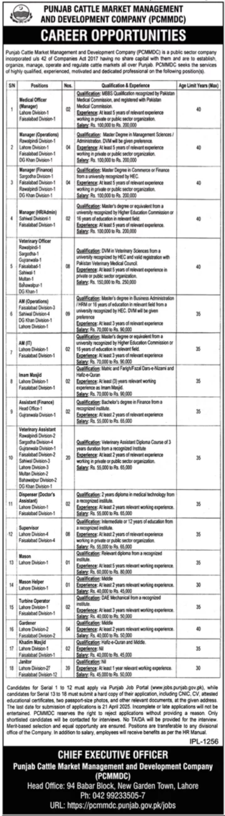 Punjab Cattle Market Management & Development Company Jobs 2025 Apply Online Advertisement