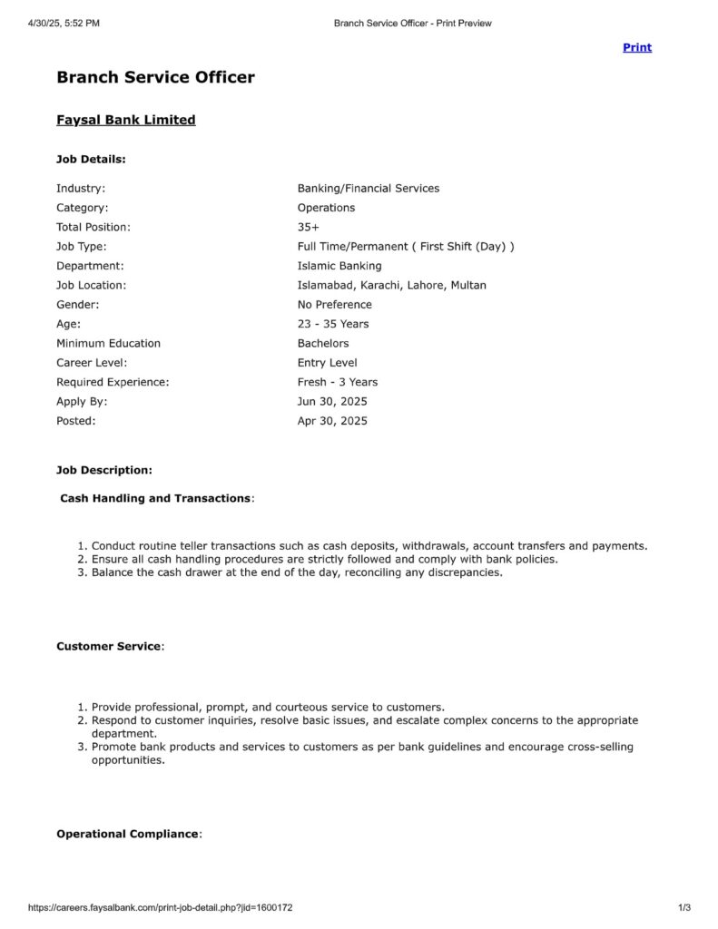 Faysal Bank Limited Jobs 2025 Online Apply Advertisement