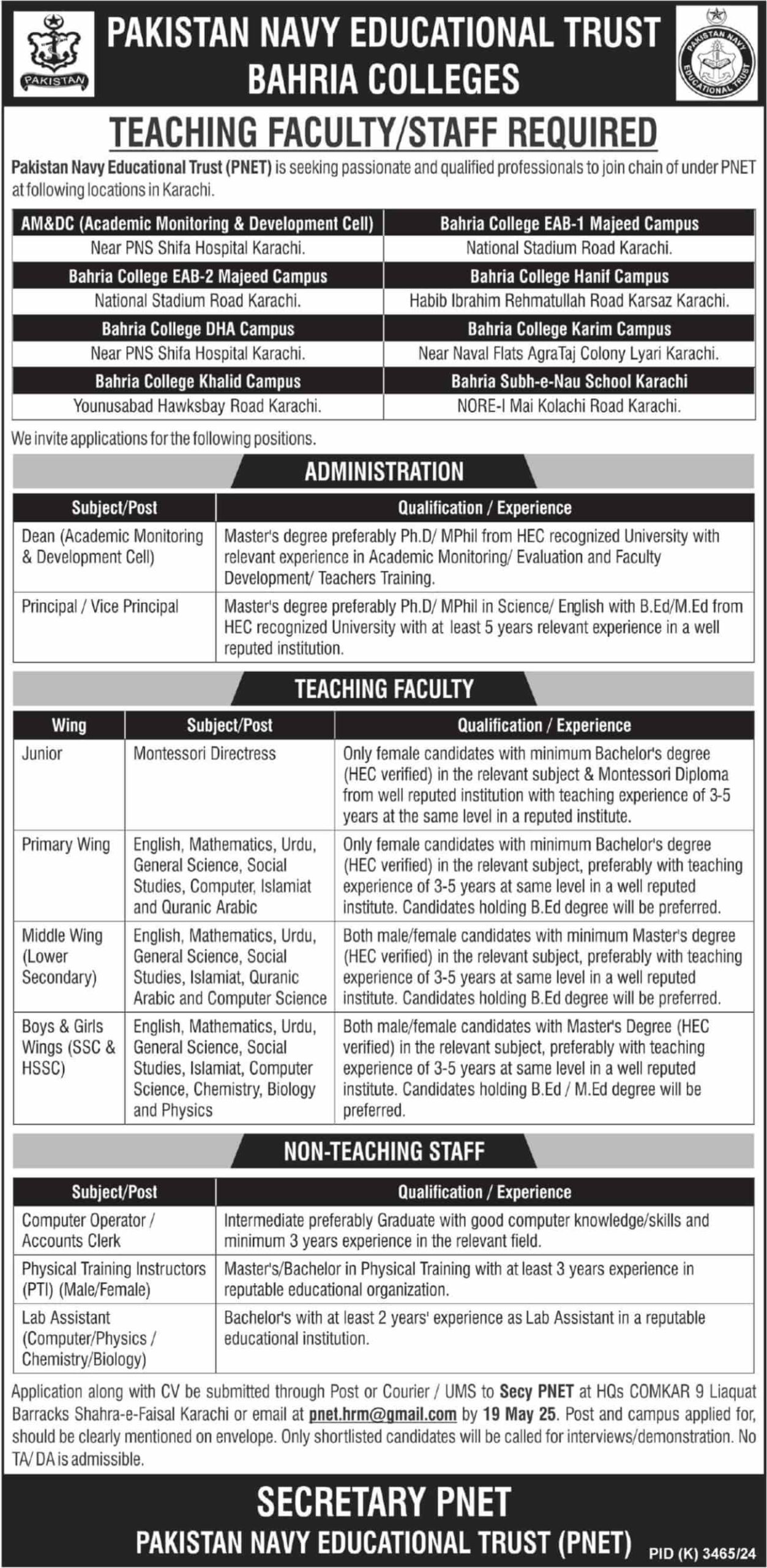 Pak Bahria Colleges – Teaching and Non Teaching Staff Advertiemsnt