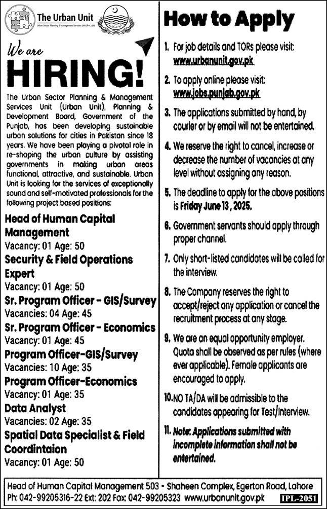 Punjab Urban Unit Jobs 2025 Latest Advertisement
